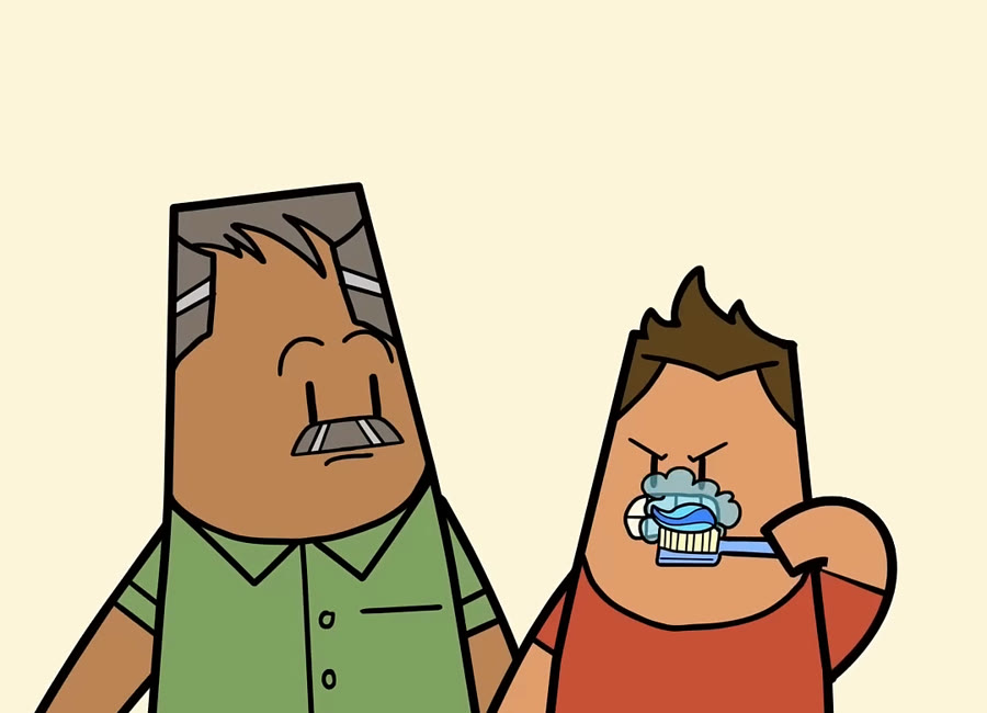 The son brushes his own teeth